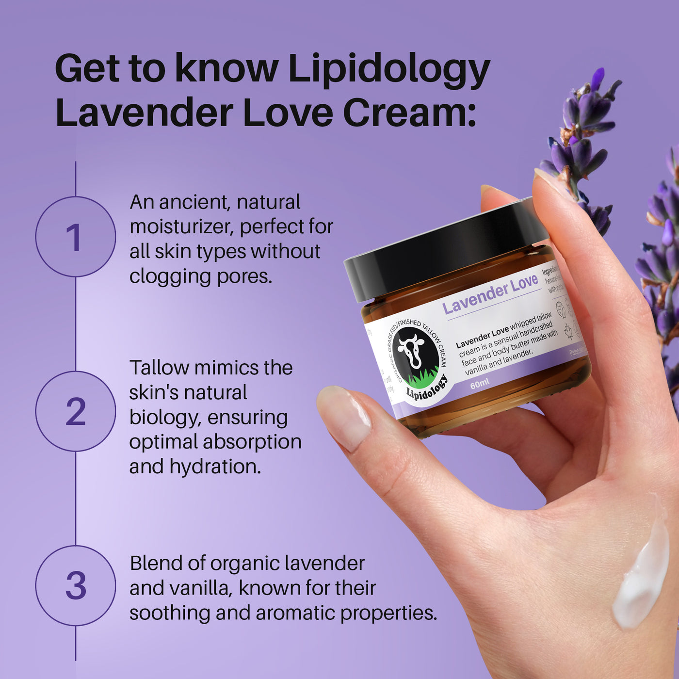 Lavender Love, Face and Body Cream Vanilla and Lavender Organic Grass-Fed Tallow 60 ml